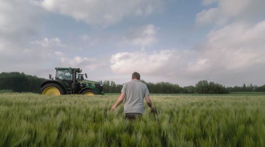 Farmer walking in a grassland field 