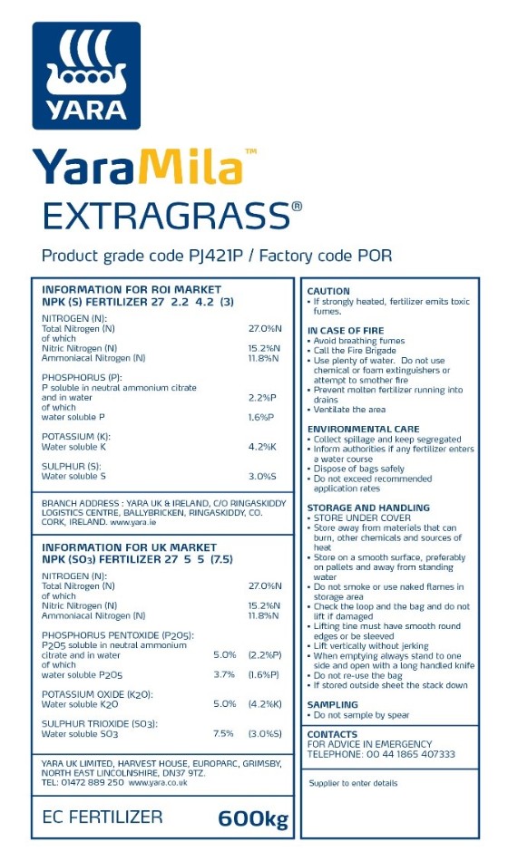 YaraMila Extragrass Back of bag
